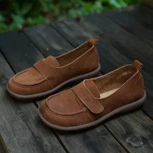 Retro Soft Leather Round Toe Slip on Loafers Touch-strap Barefoot Shoes In Brown/Grey
