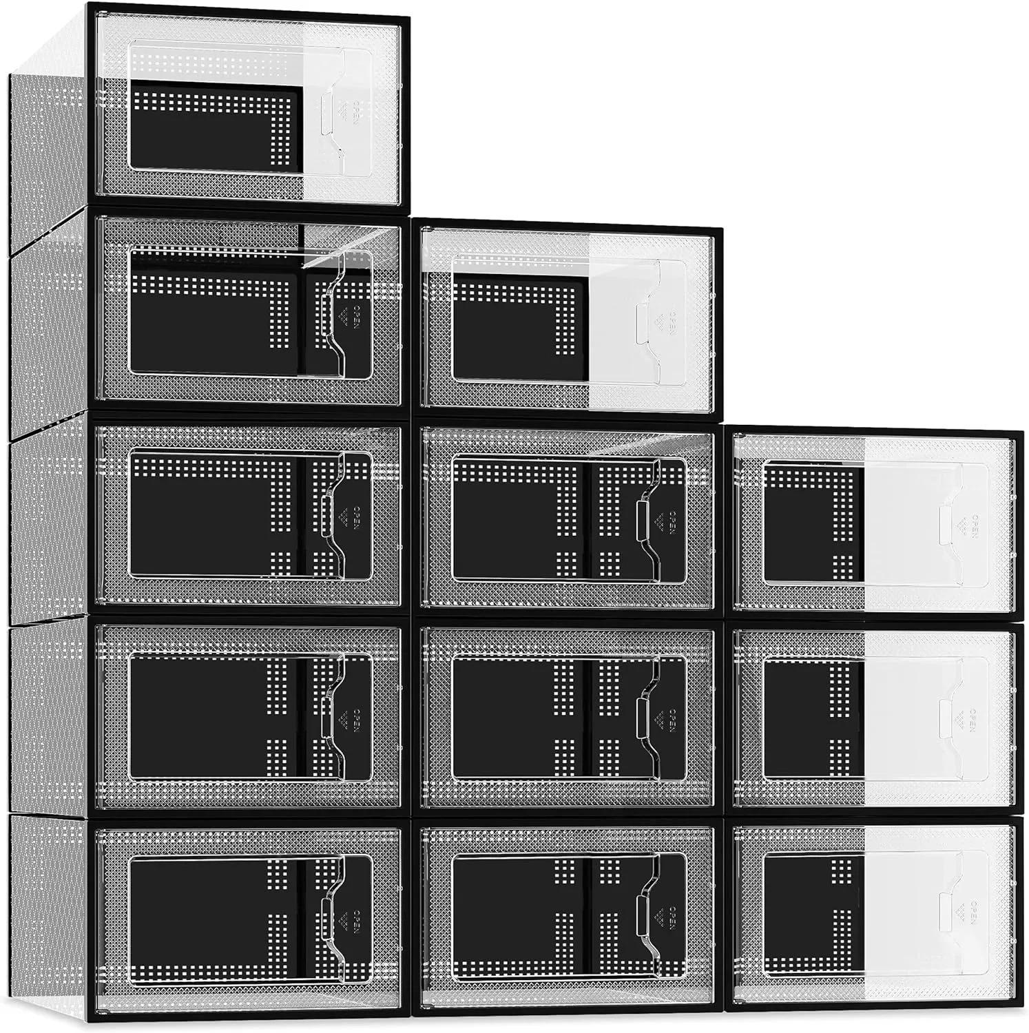 SEE SRPING XX-Large 12 Pack Shoe Storage Box, Clear Plastic Stackable Shoe Organizer for Closet, Shoe Rack Sneaker Containers Bins Holders Fit up to Size 14 (Black)