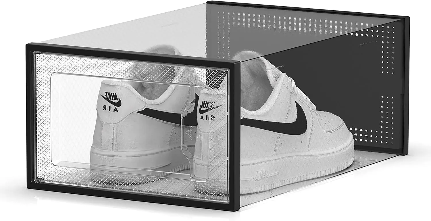 SEE SRPING XX-Large 12 Pack Shoe Storage Box, Clear Plastic Stackable Shoe Organizer for Closet, Shoe Rack Sneaker Containers Bins Holders Fit up to Size 14 (Black)