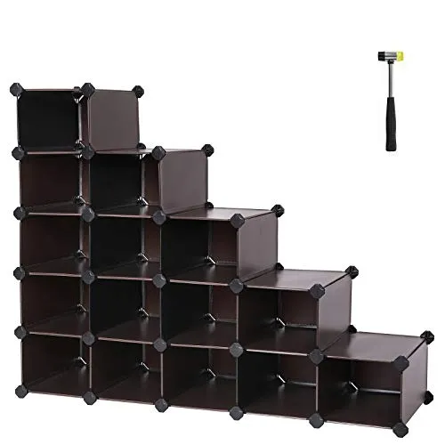 SONGMICS Shoe Rack, Space Saving 15-Cube Plastic Shoe Storage Organizer Units, Modular Cabinet, Ideal for Entryway Hallway, Bathroom, Living Room, 44.5 L x 14.2 W x 34.6 H Inches Brown ULPC44Z
