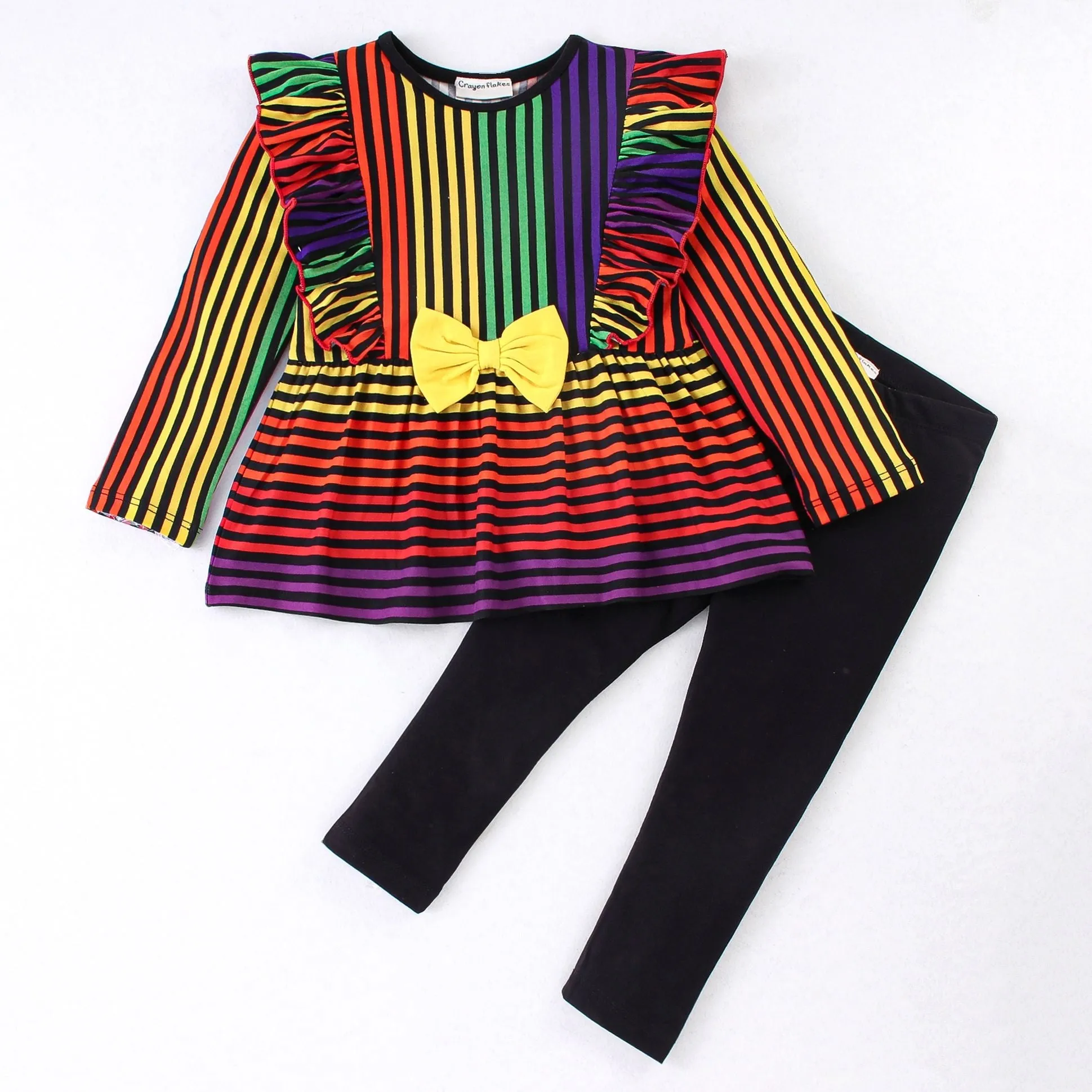 Striped Print Frilled Top Leggings Set