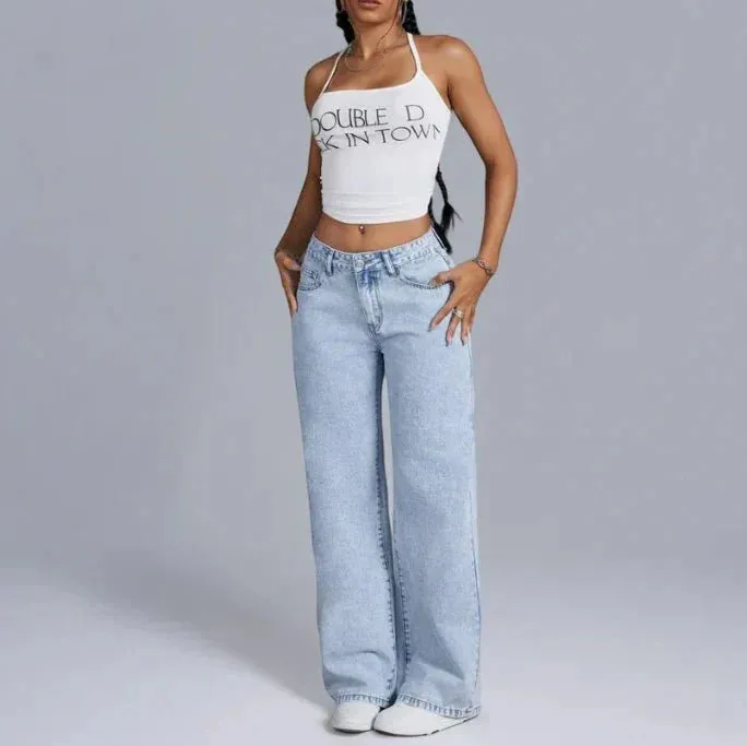 Wide Leg Denim Jeans | Embroidered Bow Detail