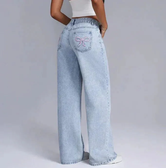 Wide Leg Denim Jeans | Embroidered Bow Detail