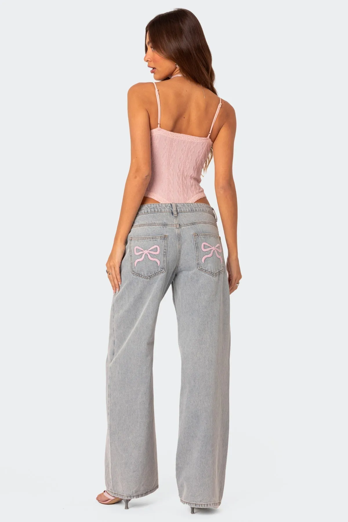 Wide Leg Denim Jeans | Embroidered Bow Detail