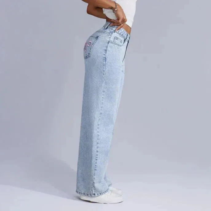 Wide Leg Denim Jeans | Embroidered Bow Detail