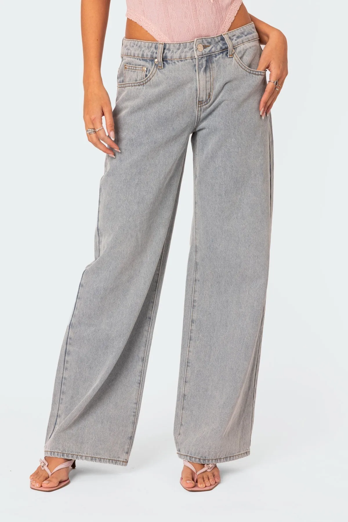 Wide Leg Denim Jeans | Embroidered Bow Detail