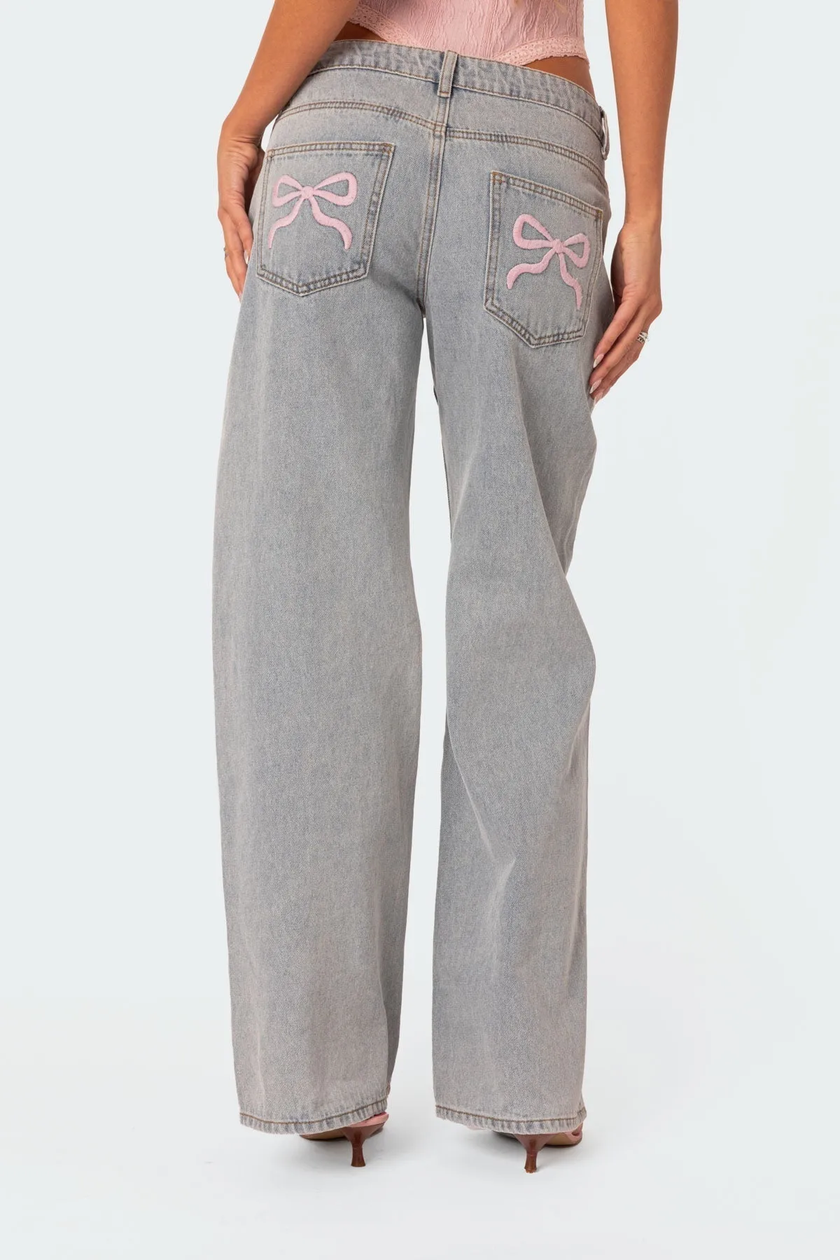 Wide Leg Denim Jeans | Embroidered Bow Detail