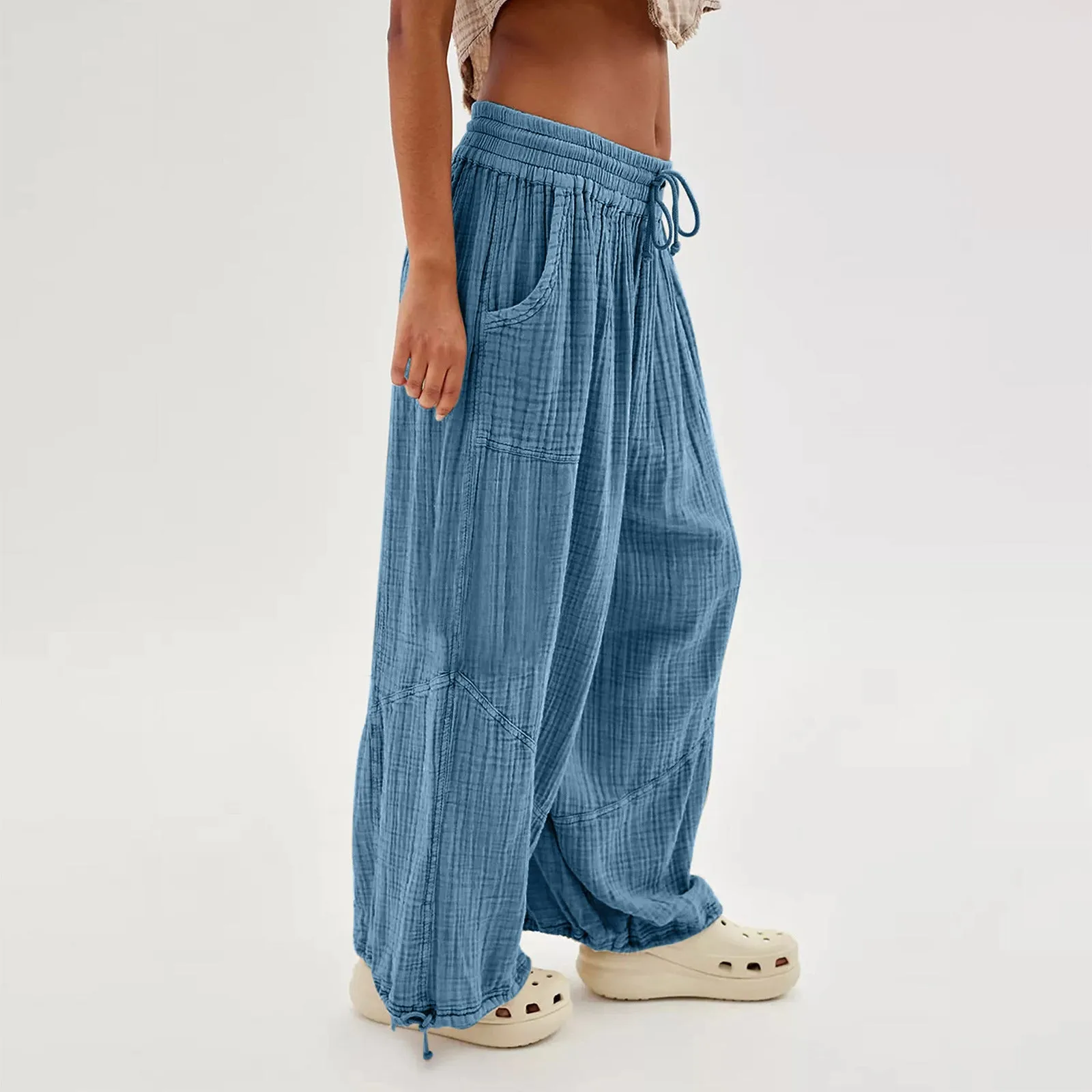 Women Casual Fashion Solid Color Textured Tied Pants with Pockets