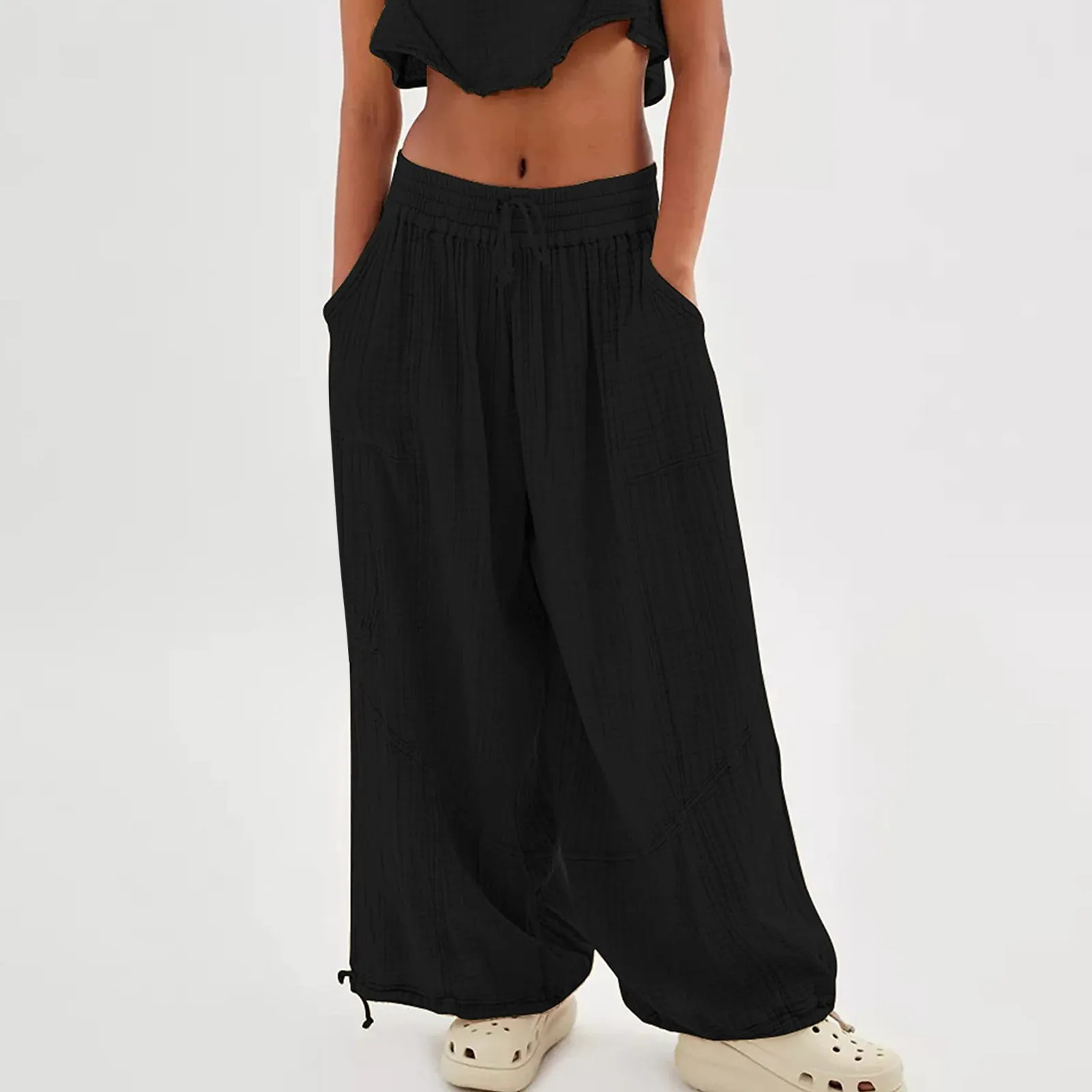 Women Casual Fashion Solid Color Textured Tied Pants with Pockets