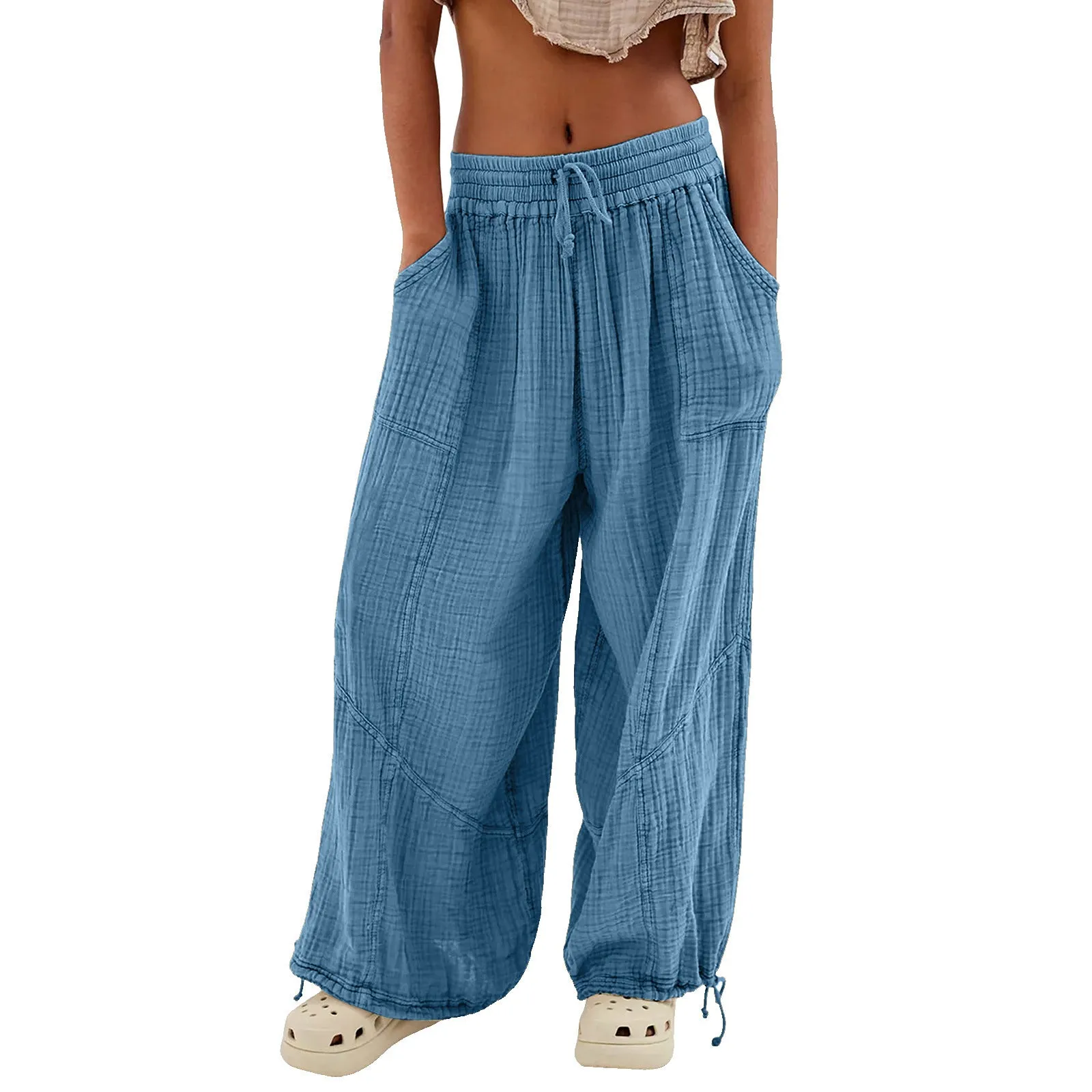 Women Casual Fashion Solid Color Textured Tied Pants with Pockets
