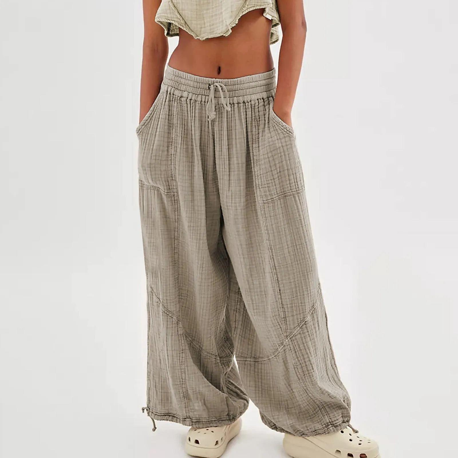 Women Casual Fashion Solid Color Textured Tied Pants with Pockets