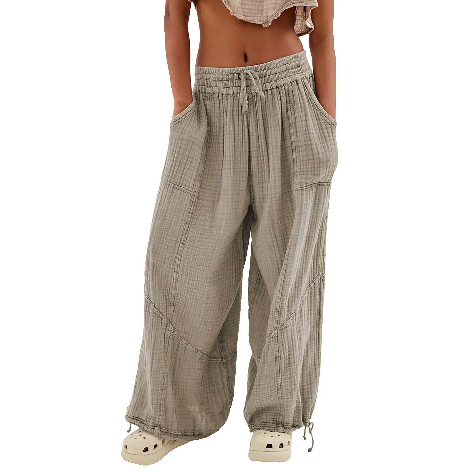 Women Casual Fashion Solid Color Textured Tied Pants with Pockets