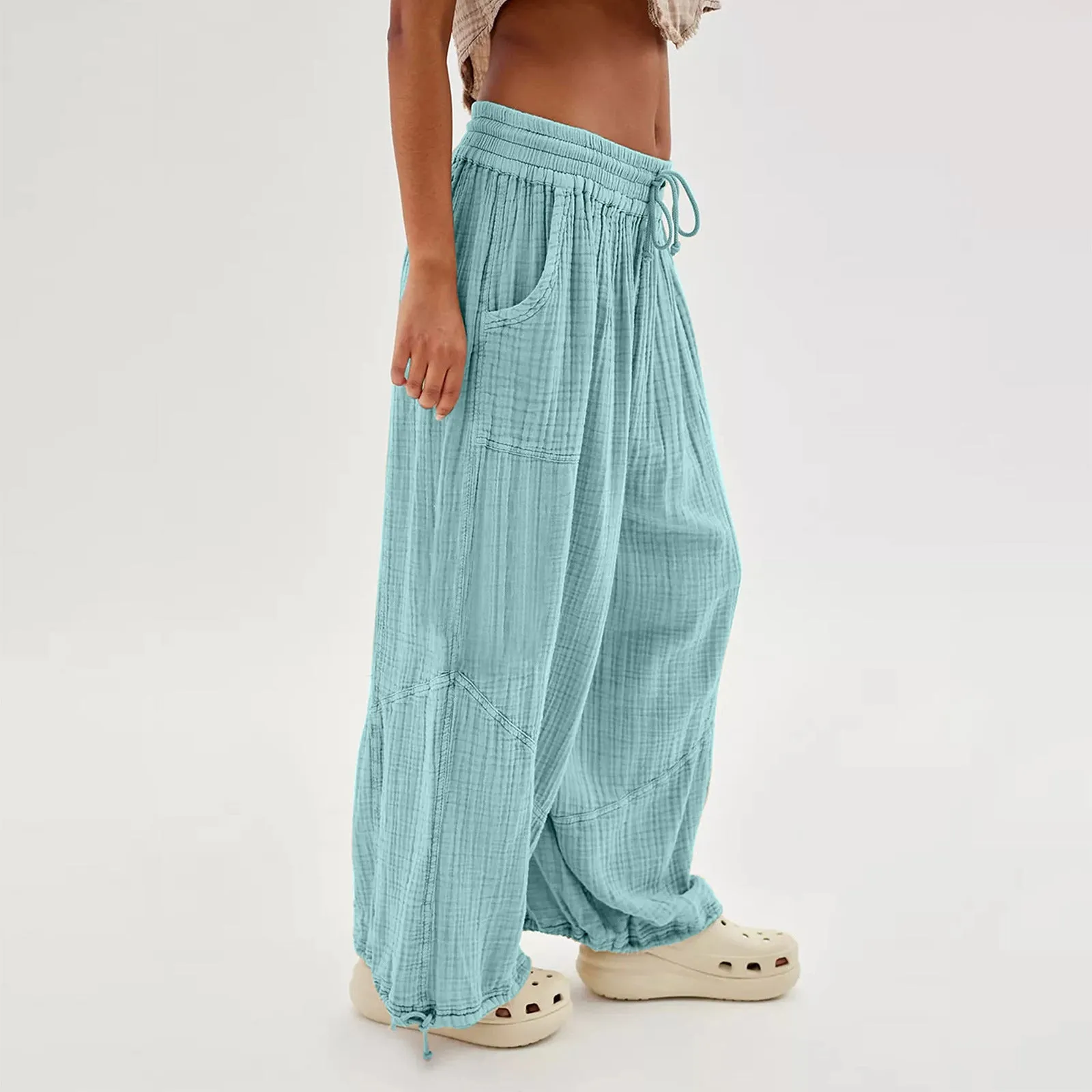 Women Casual Fashion Solid Color Textured Tied Pants with Pockets