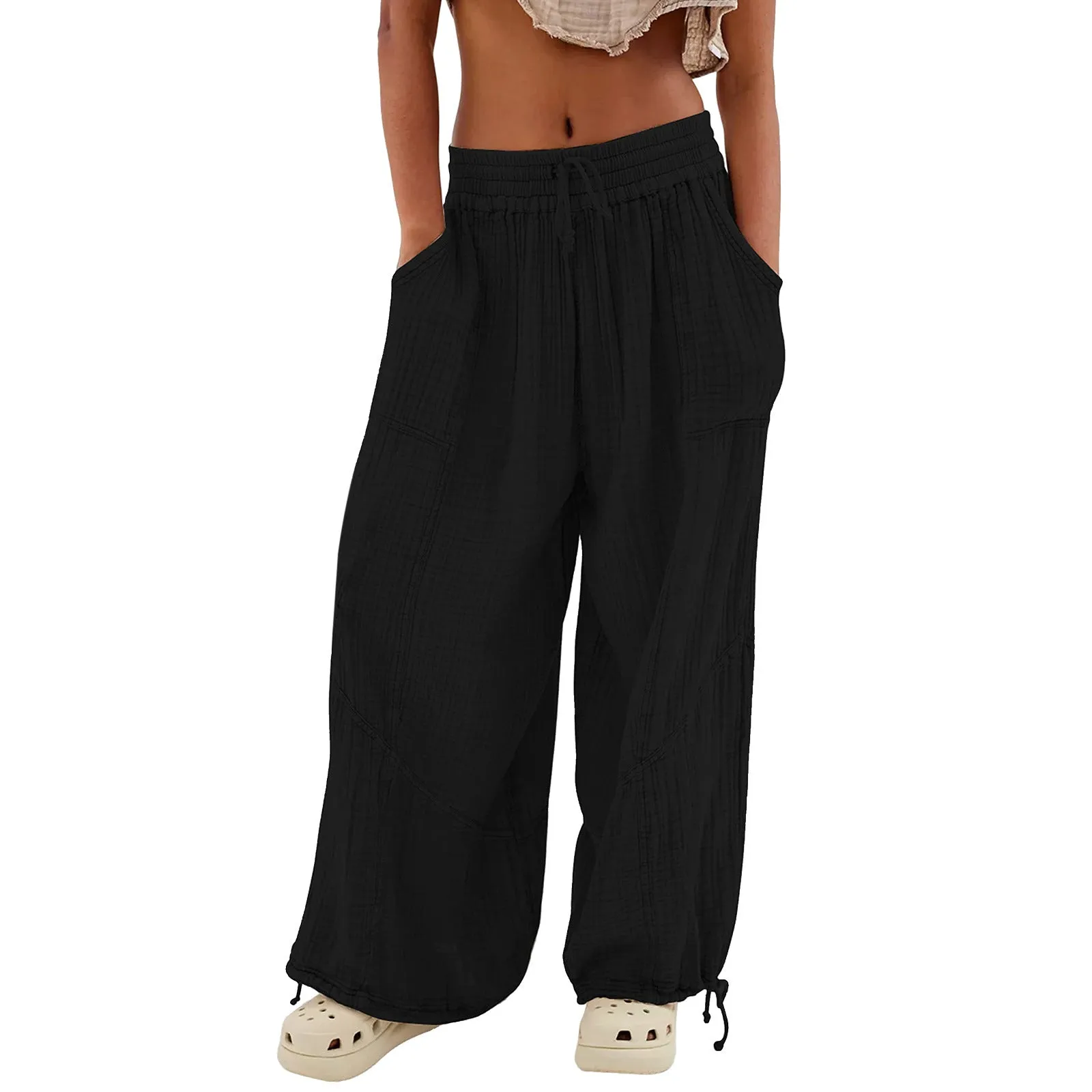 Women Casual Fashion Solid Color Textured Tied Pants with Pockets