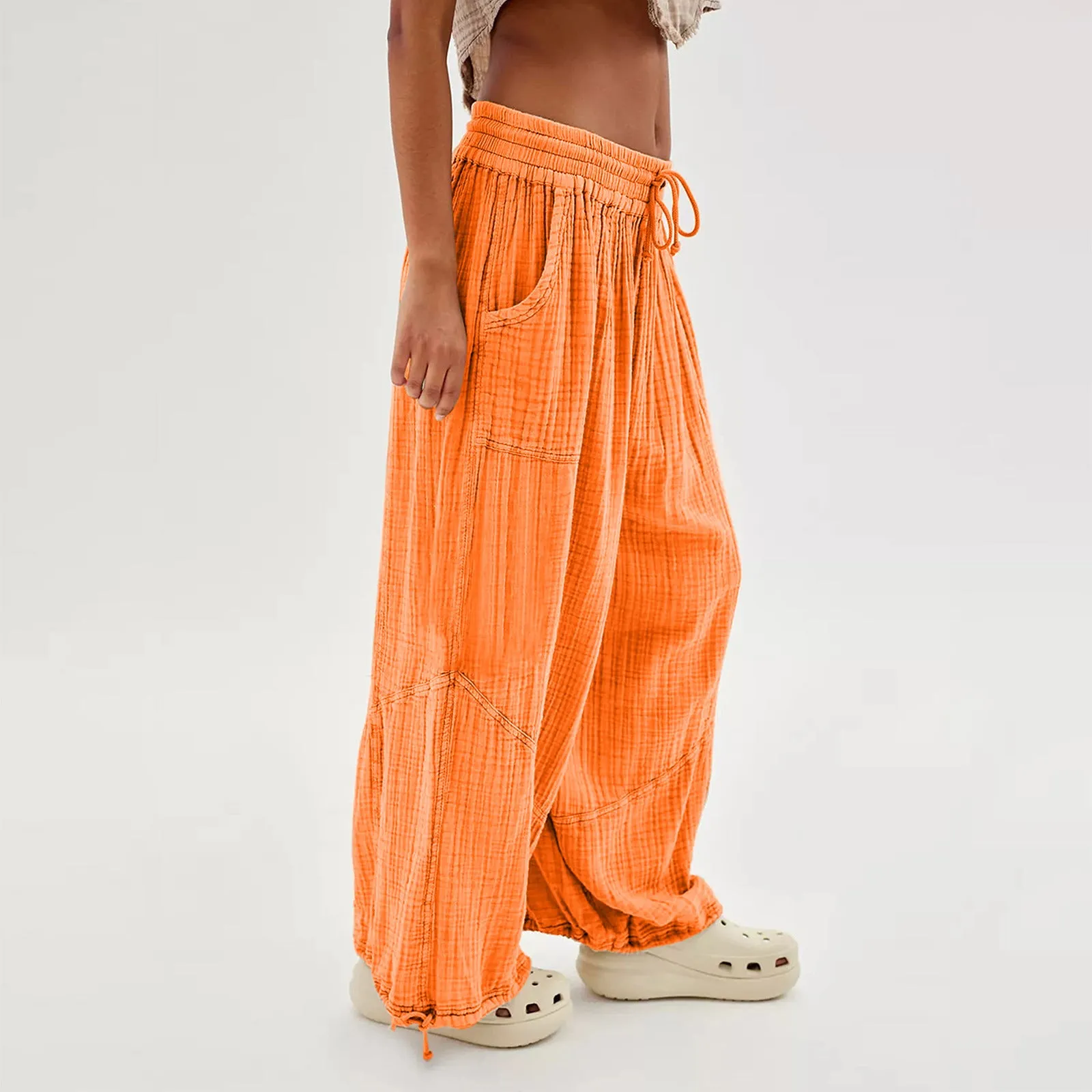Women Casual Fashion Solid Color Textured Tied Pants with Pockets
