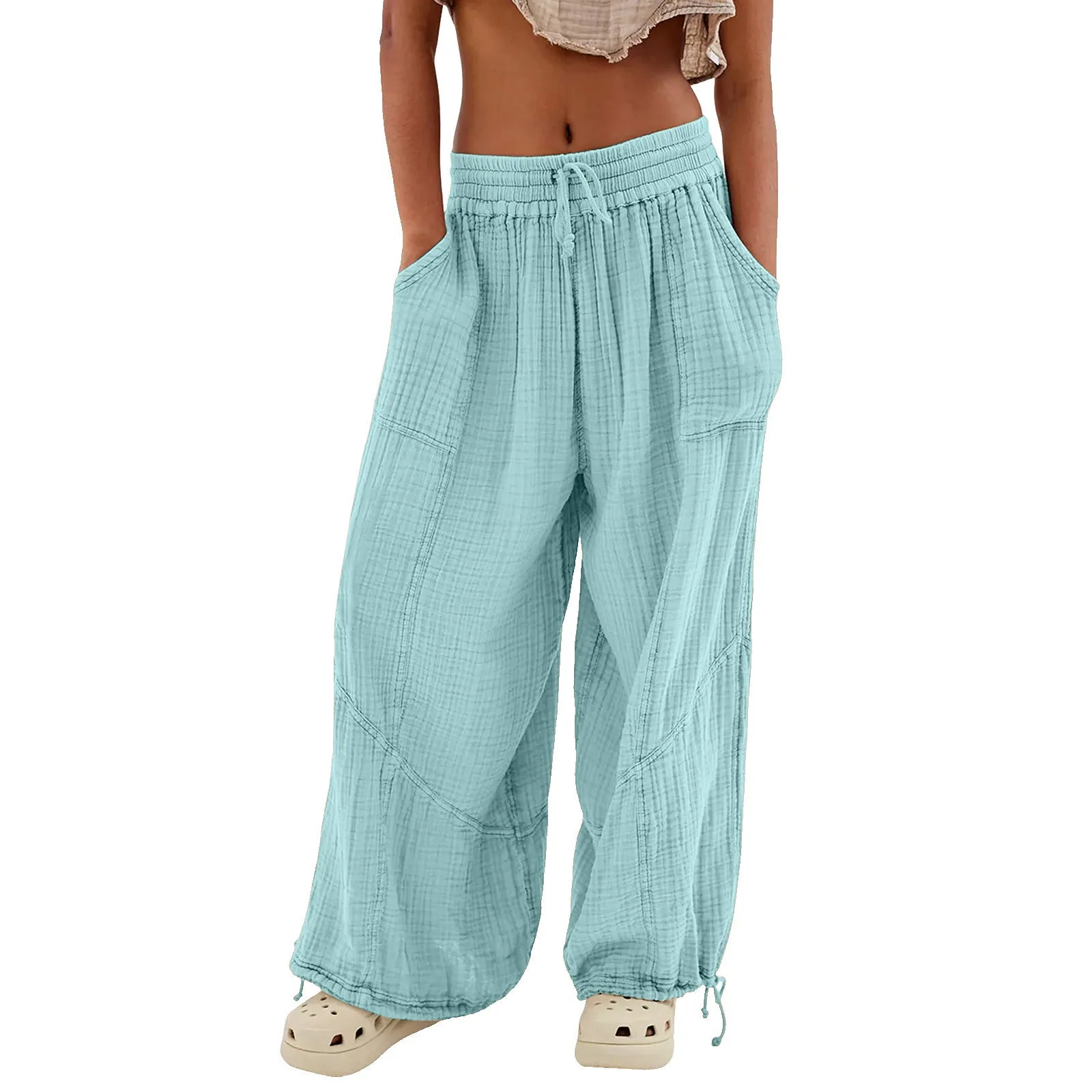 Women Casual Fashion Solid Color Textured Tied Pants with Pockets