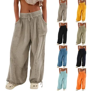 Women Casual Fashion Solid Color Textured Tied Pants with Pockets