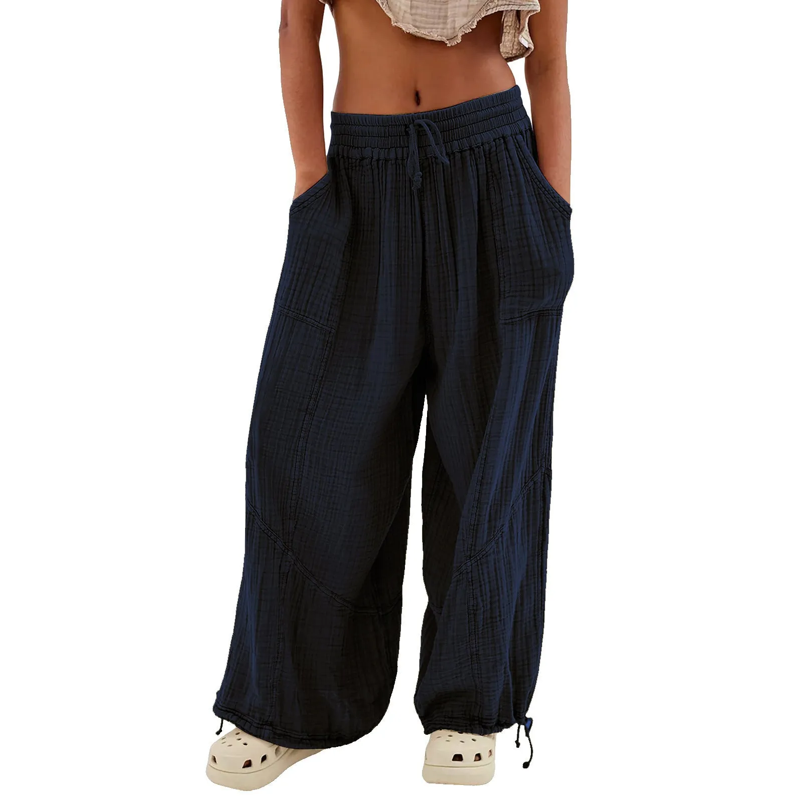 Women Casual Fashion Solid Color Textured Tied Pants with Pockets