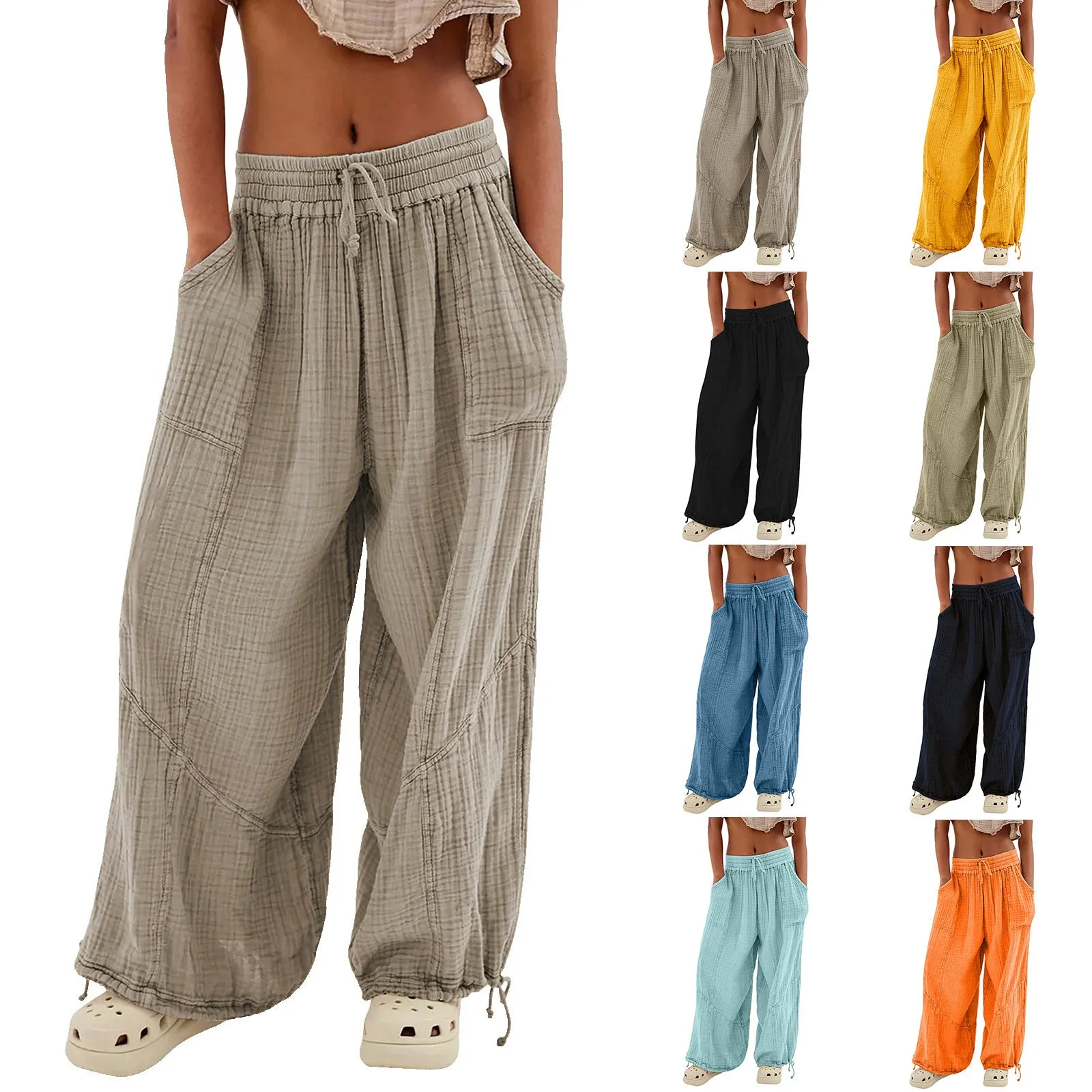 Women Casual Fashion Solid Color Textured Tied Pants with Pockets
