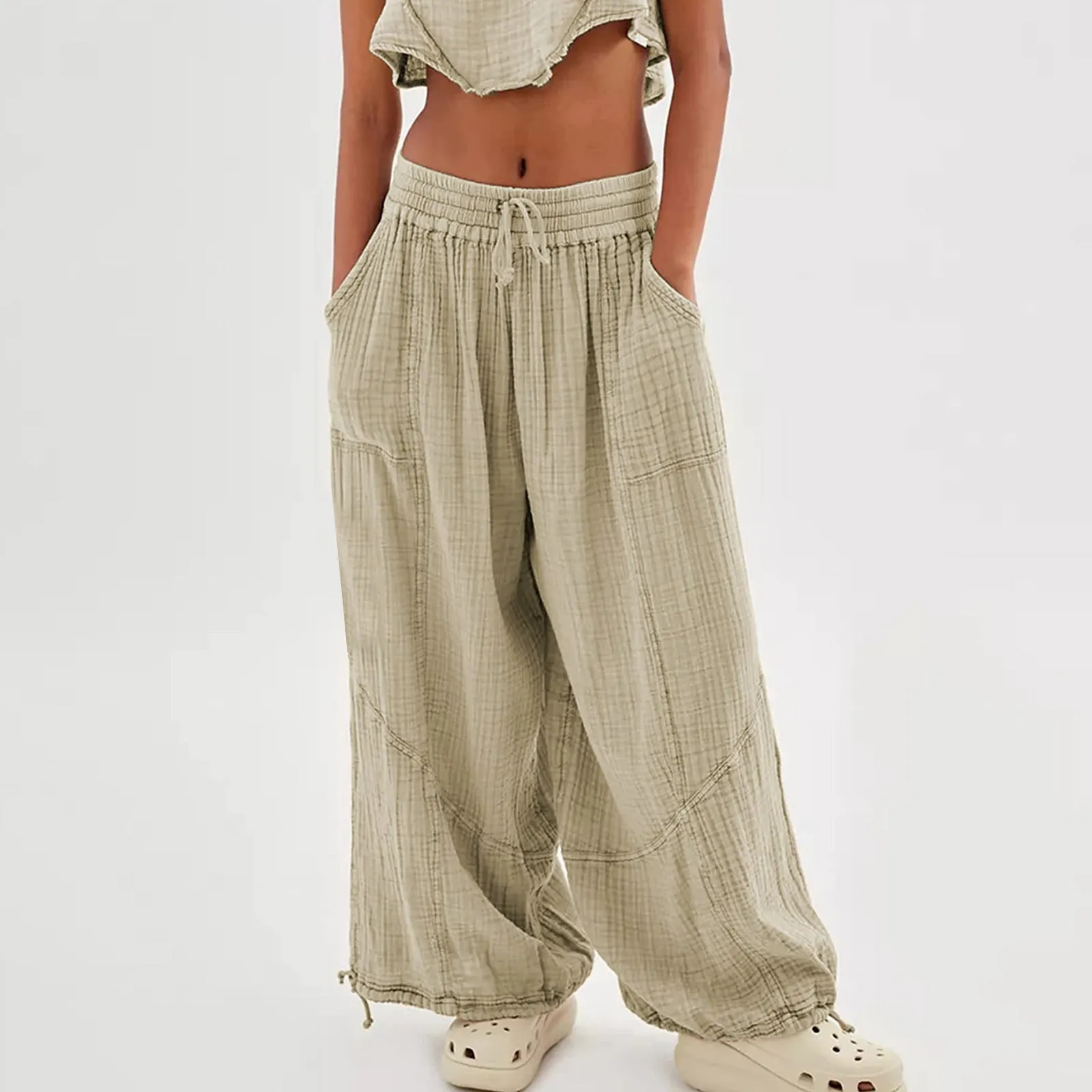 Women Casual Fashion Solid Color Textured Tied Pants with Pockets