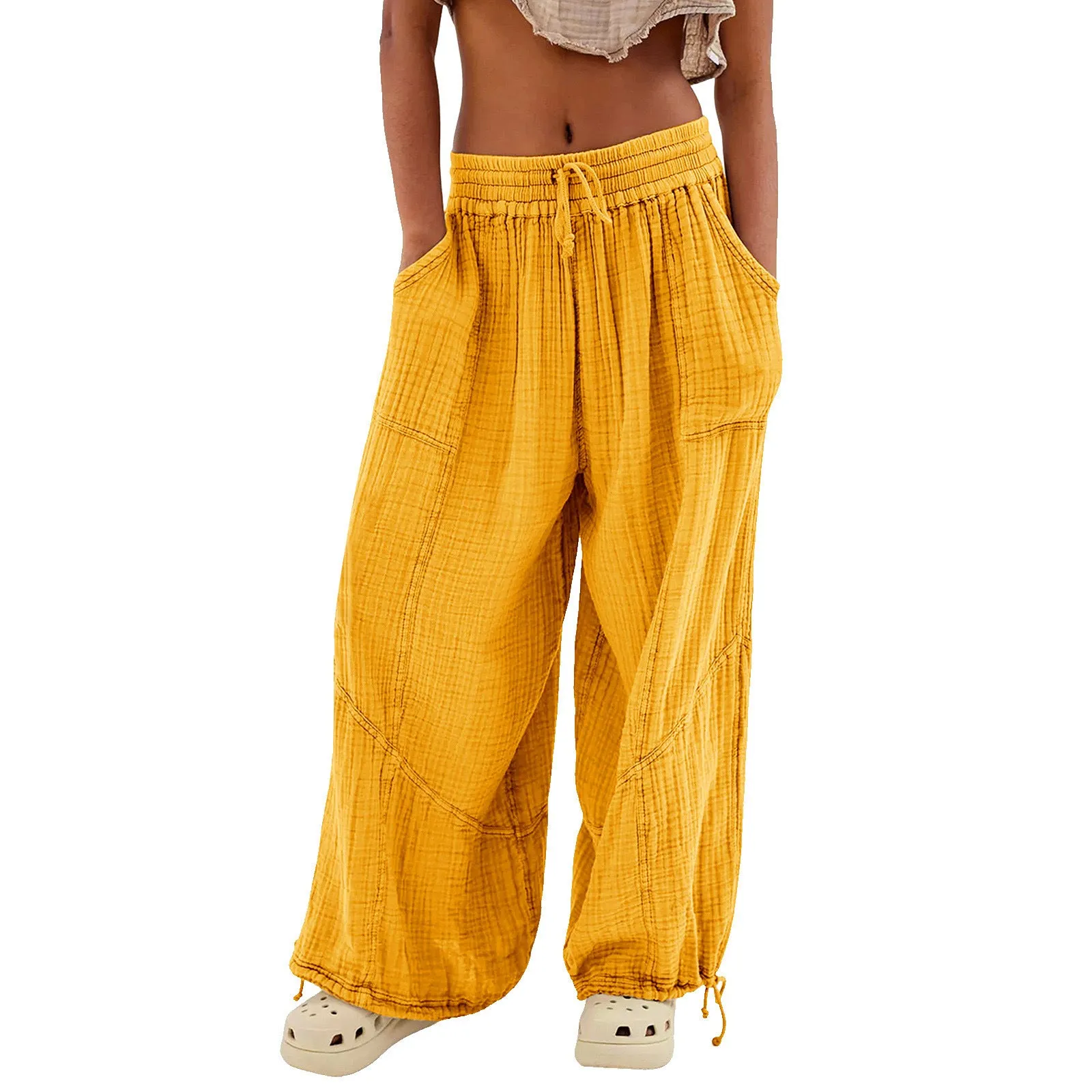 Women Casual Fashion Solid Color Textured Tied Pants with Pockets