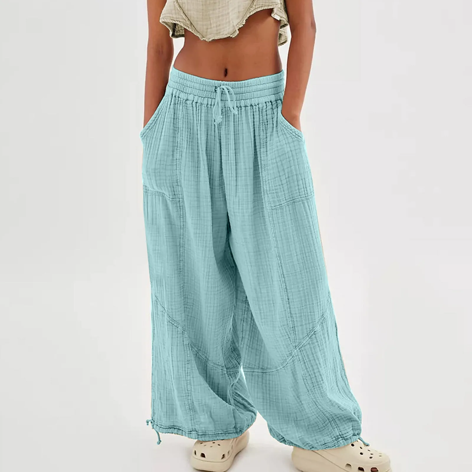 Women Casual Fashion Solid Color Textured Tied Pants with Pockets