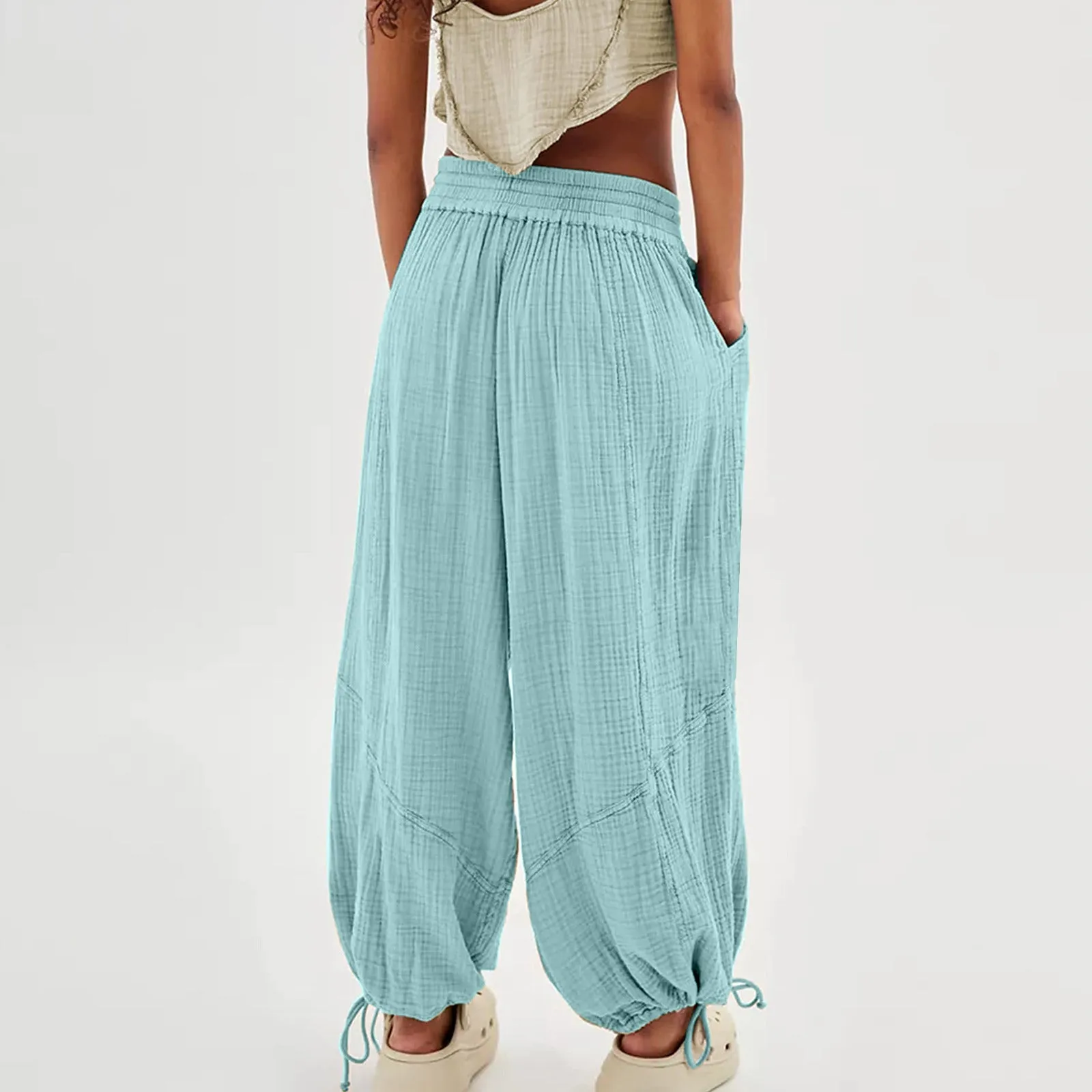 Women Casual Fashion Solid Color Textured Tied Pants with Pockets