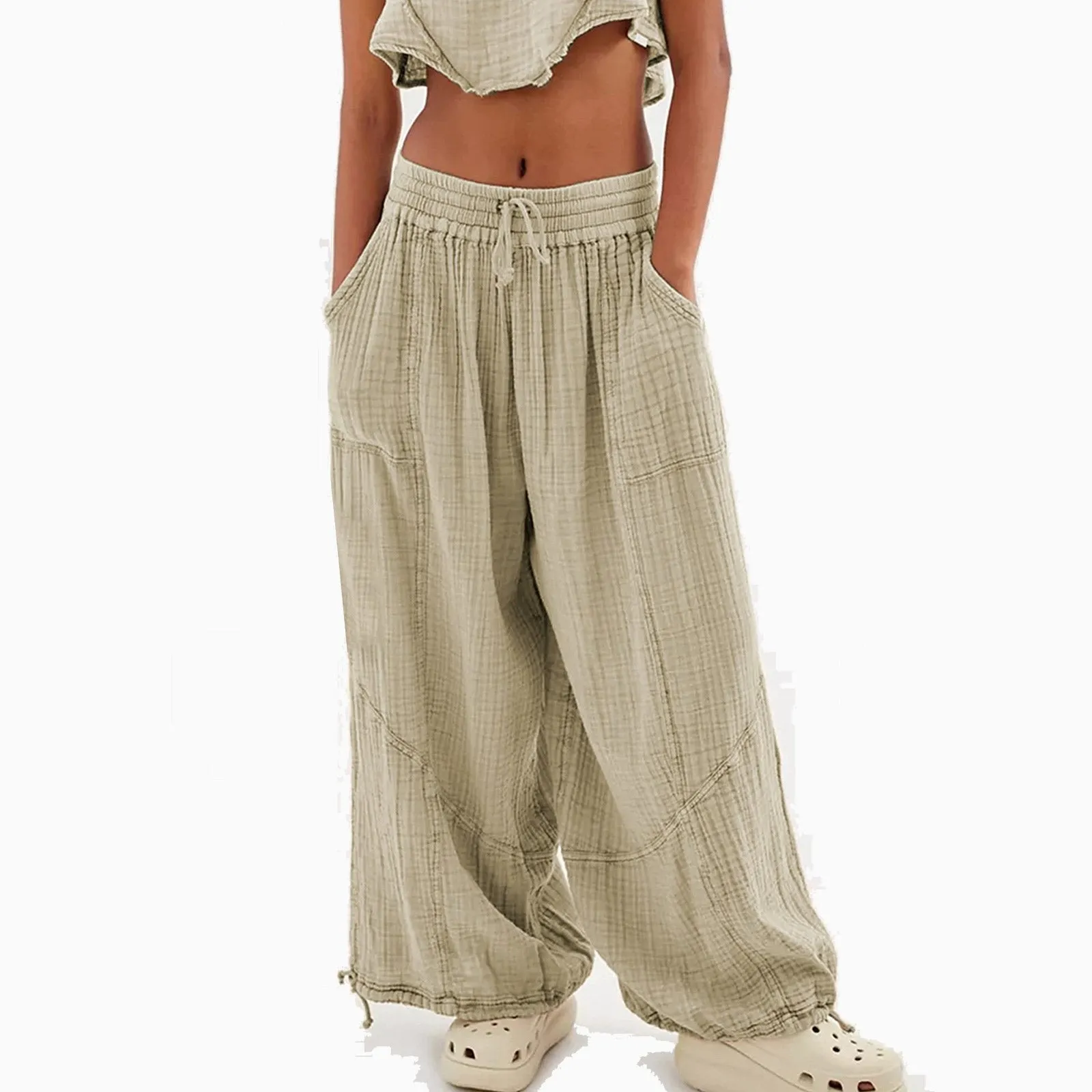 Women Casual Fashion Solid Color Textured Tied Pants with Pockets