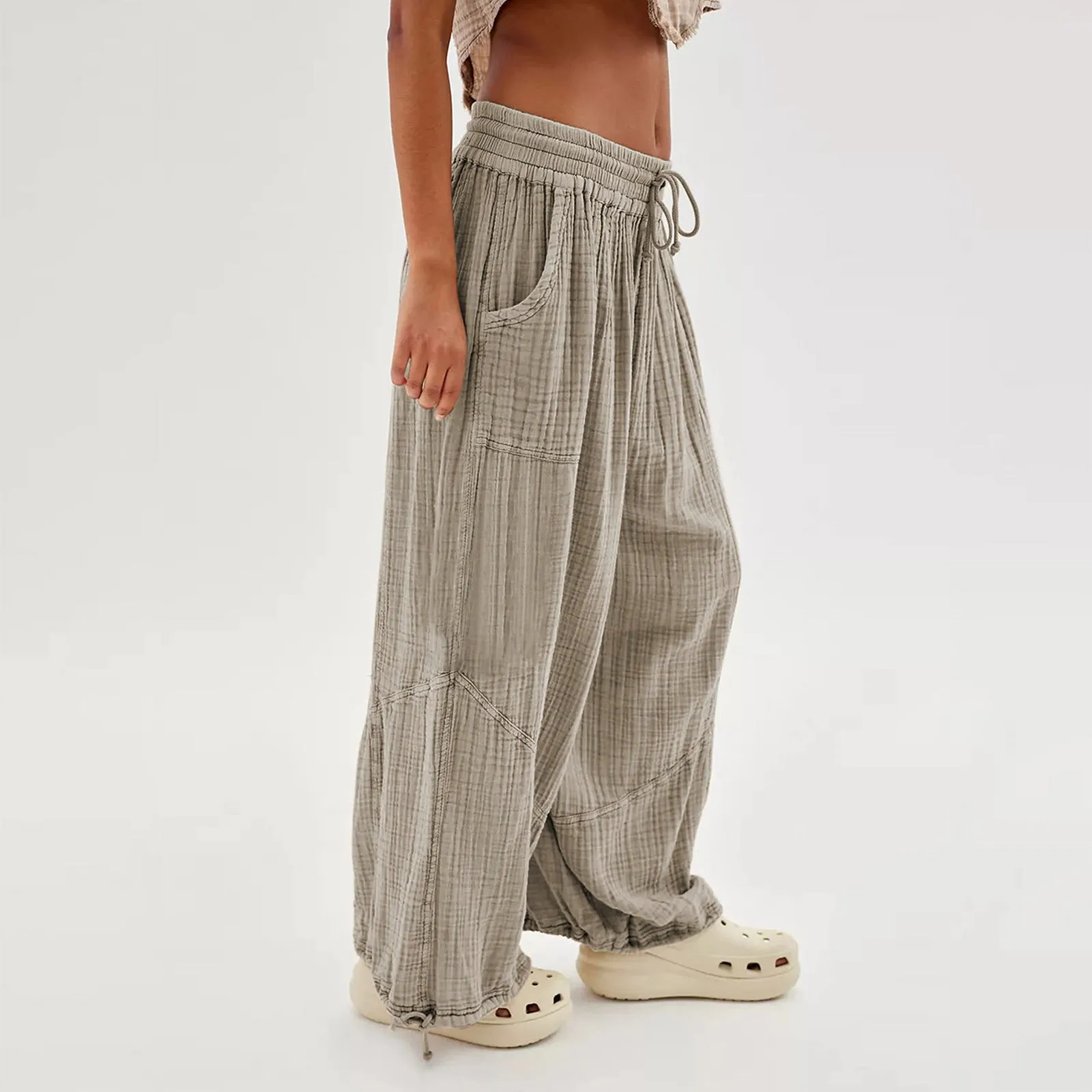 Women Casual Fashion Solid Color Textured Tied Pants with Pockets