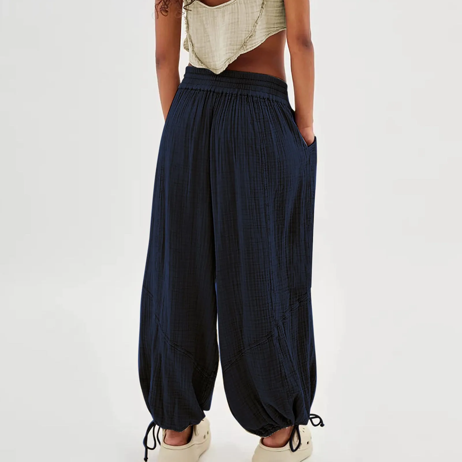 Women Casual Fashion Solid Color Textured Tied Pants with Pockets