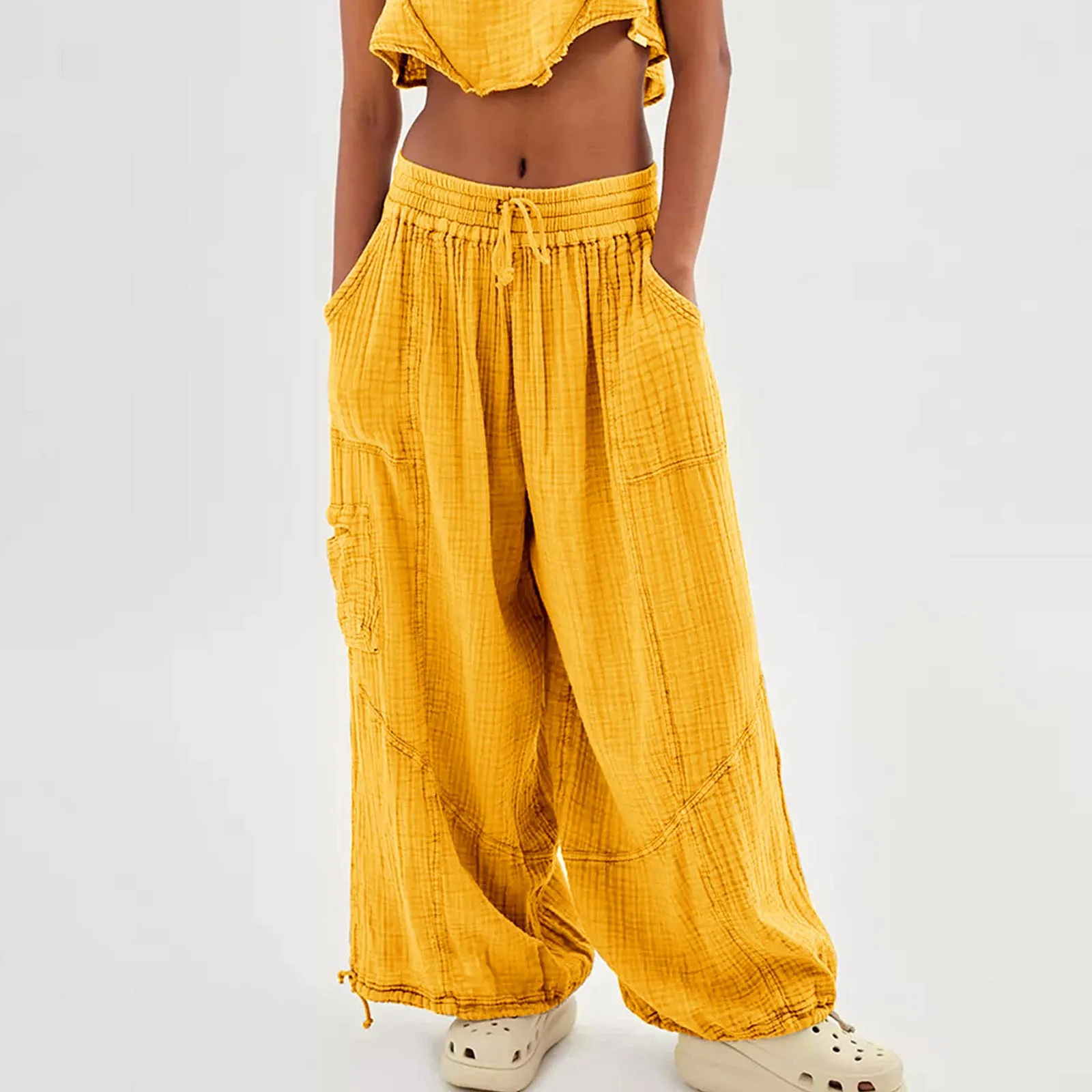 Women Casual Fashion Solid Color Textured Tied Pants with Pockets