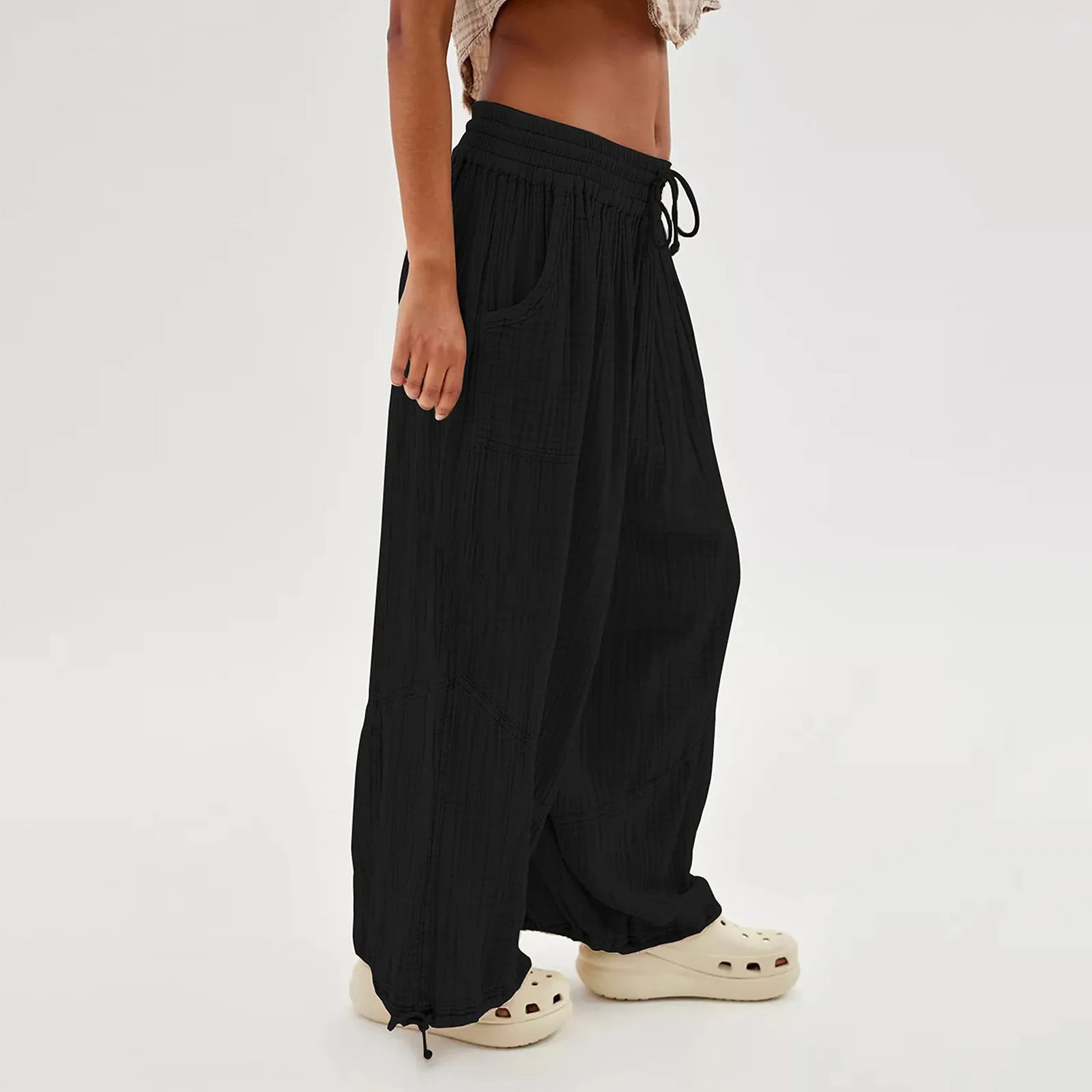 Women Casual Fashion Solid Color Textured Tied Pants with Pockets
