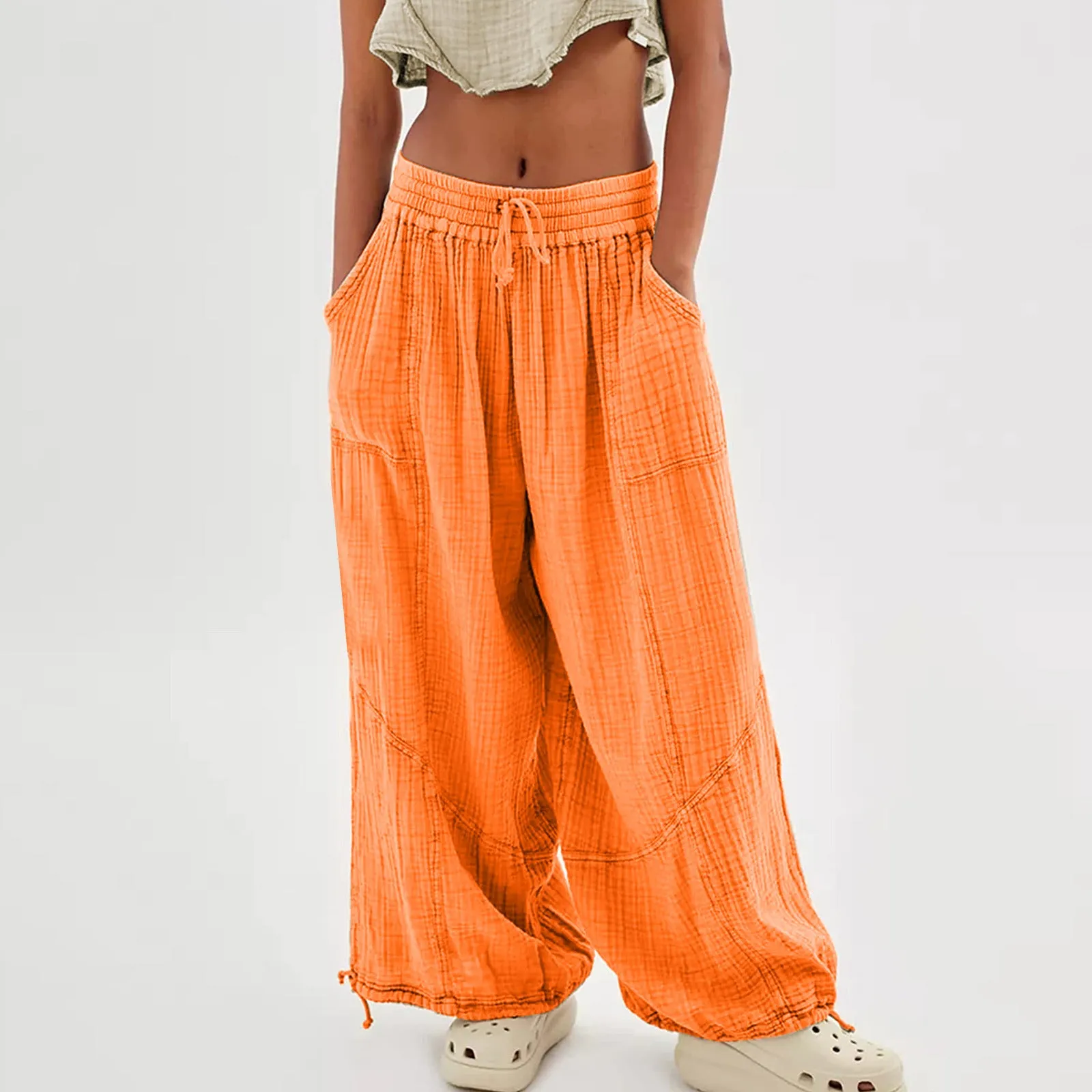 Women Casual Fashion Solid Color Textured Tied Pants with Pockets