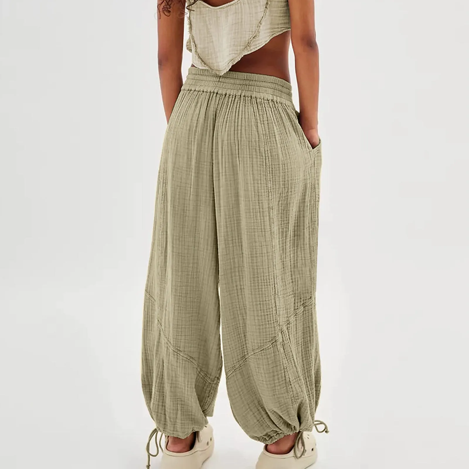 Women Casual Fashion Solid Color Textured Tied Pants with Pockets