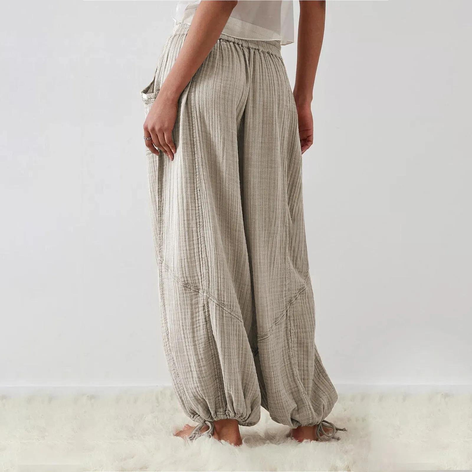 Women Casual Fashion Solid Color Textured Tied Pants with Pockets
