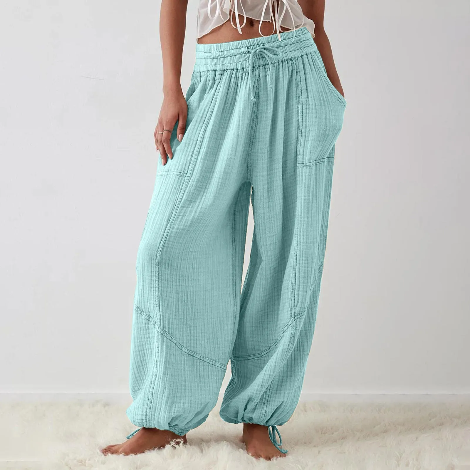 Women Casual Fashion Solid Color Textured Tied Pants with Pockets