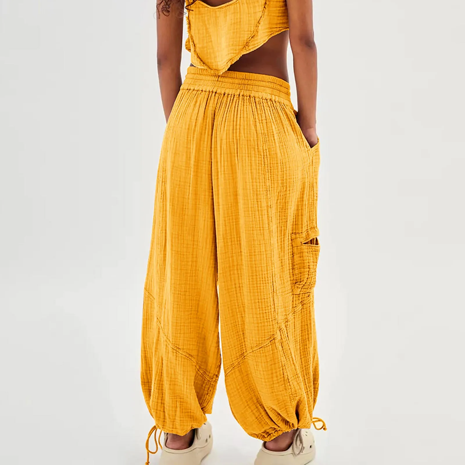 Women Casual Fashion Solid Color Textured Tied Pants with Pockets
