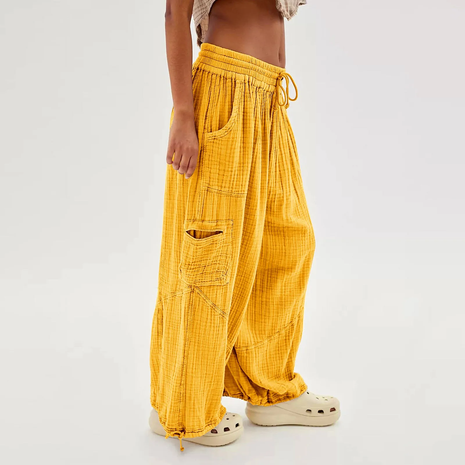 Women Casual Fashion Solid Color Textured Tied Pants with Pockets