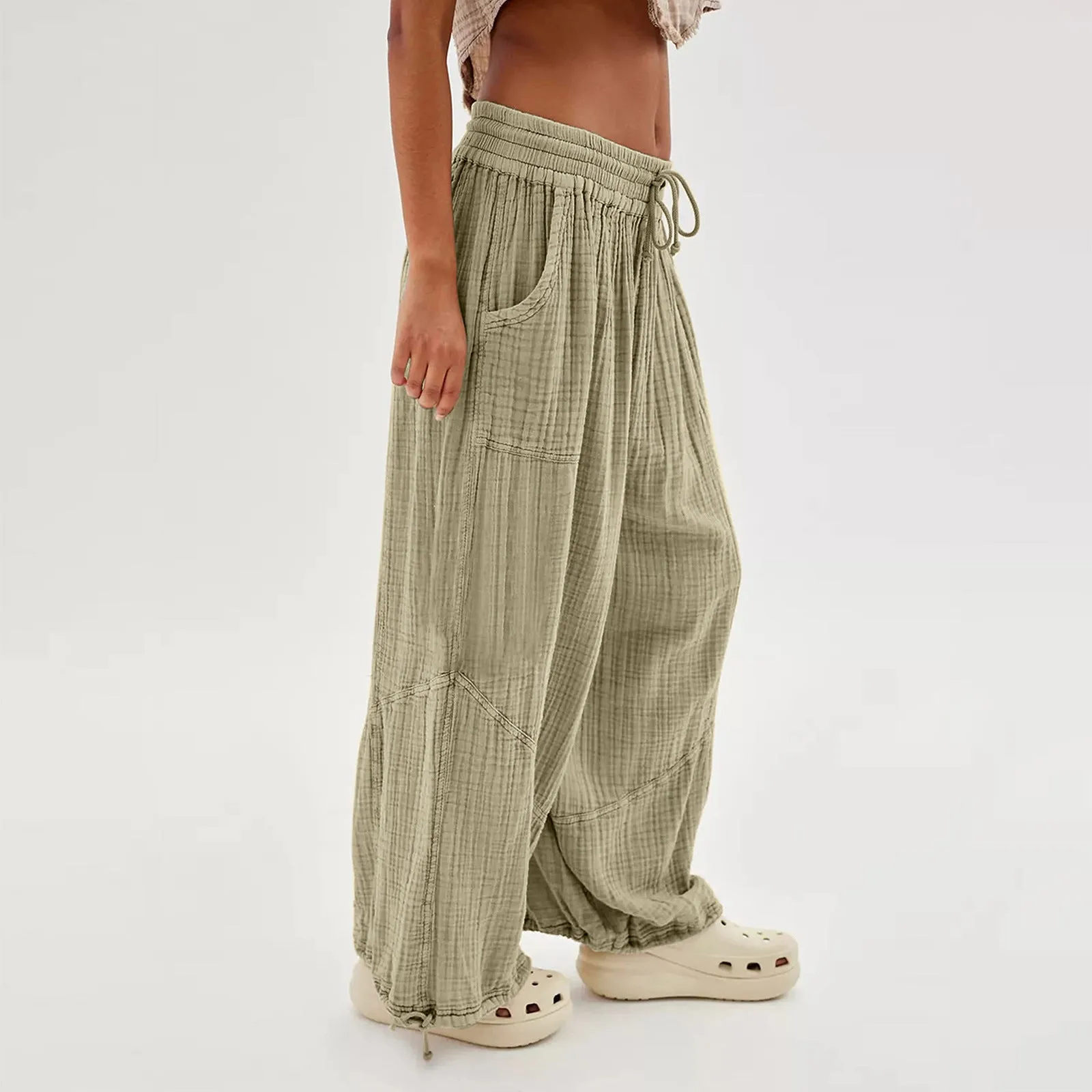 Women Casual Fashion Solid Color Textured Tied Pants with Pockets