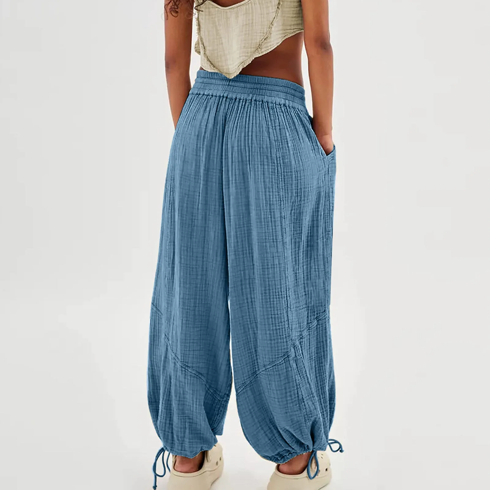 Women Casual Fashion Solid Color Textured Tied Pants with Pockets