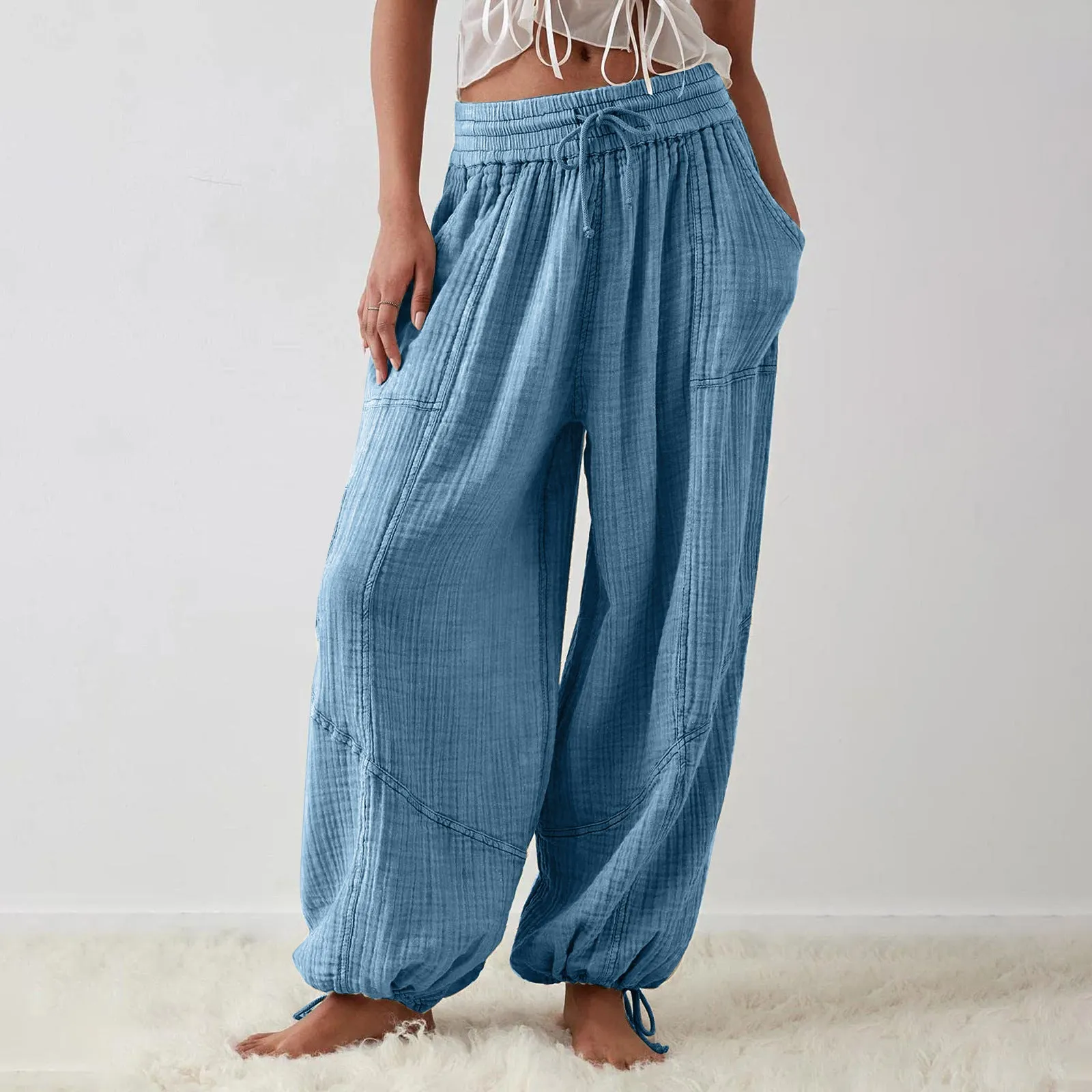 Women Casual Fashion Solid Color Textured Tied Pants with Pockets