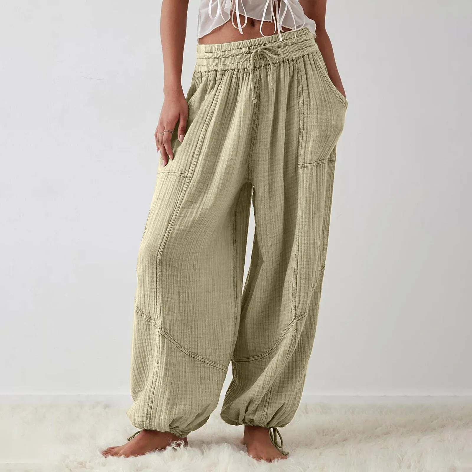 Women Casual Fashion Solid Color Textured Tied Pants with Pockets