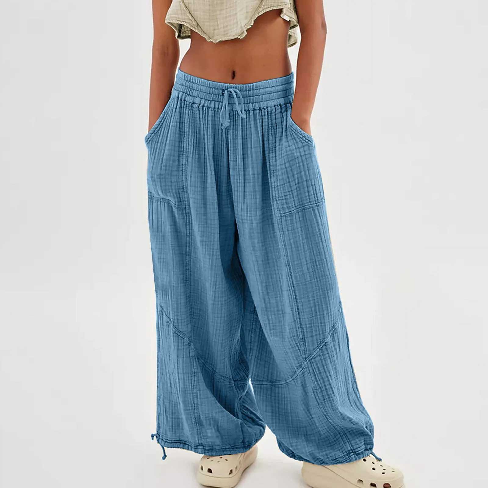 Women Casual Fashion Solid Color Textured Tied Pants with Pockets