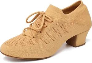 Womens Latin Dance Shoes Close Toe Practice Shoes for Women Low Heel Lace-up Ballroom Salsa Split-Sole