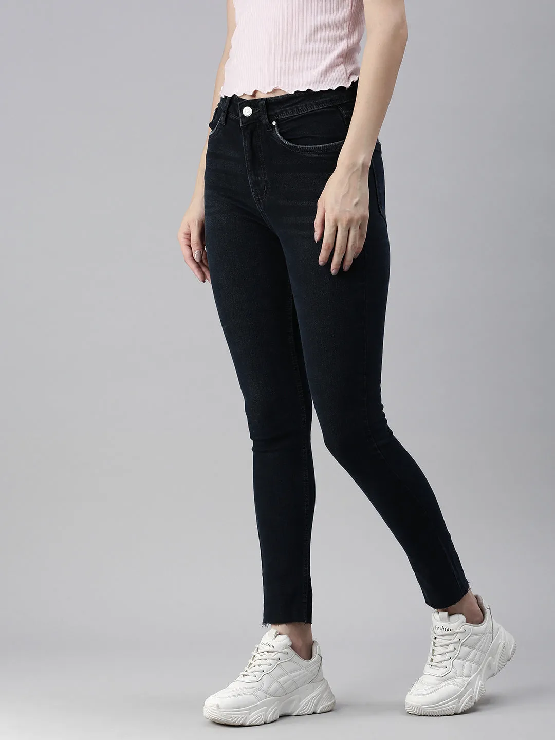 Women's Navy blue Solid Denim Skinny Jeans